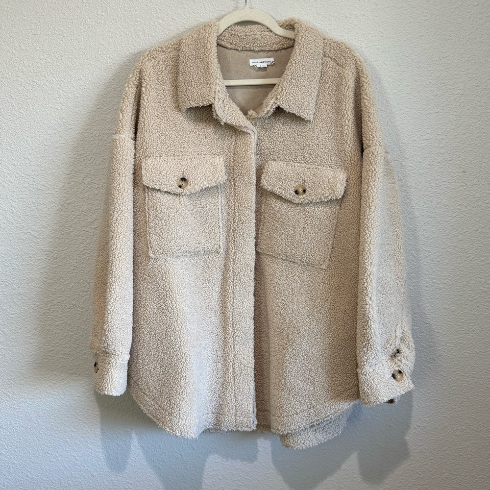 Good American‎ Sherpa Teddy Fleece Shacket Oversized Jacket Cream Size 3/4